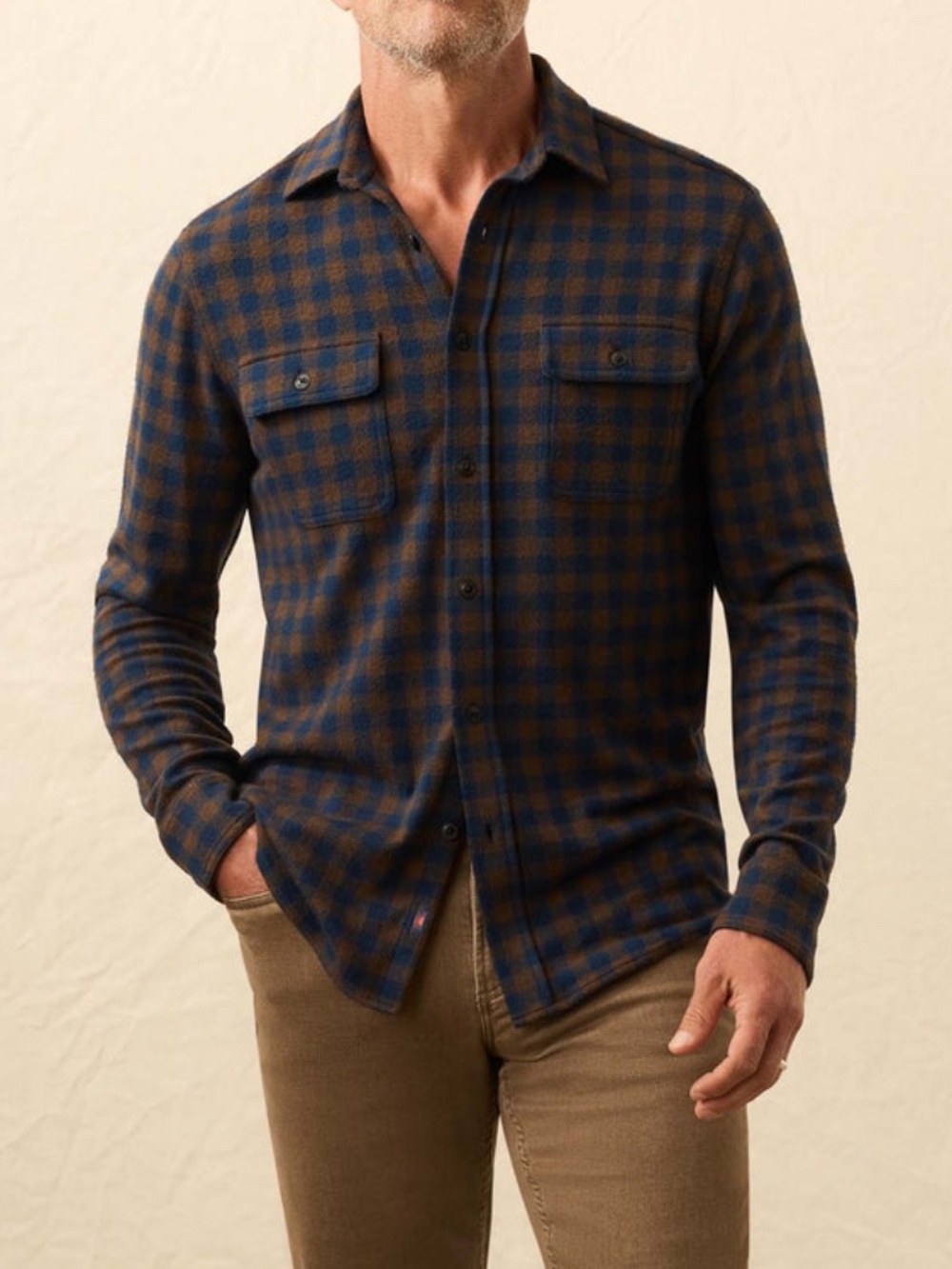 FAHERTY Legend Sweater Shirt Navy Woodland Check Men’s Small